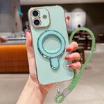 Per iPhone 16 Plus Custodia per telefono con supporto in metallo elettroplaccato a tinta unita con cordino (verde chiaro)