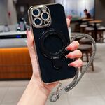 Per iPhone 13 Pro Max Custodia per telefono con supporto in metallo elettroplaccato tinta unita con cordino (nero)