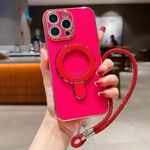 Per iPhone 13 Pro Max Custodia per telefono con supporto in metallo elettroplaccato tinta unita con cordino (rosso rosa)