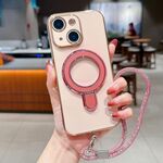Per iPhone 13 Custodia per telefono con supporto in metallo elettroplaccato a tinta unita con cordino (rosa)