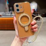 Per iPhone 12 Custodia per telefono con supporto in metallo elettroplaccato a tinta unita con cordino (marrone)