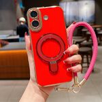 Per iPhone 16 Plus Charm Eye Custodia per telefono con supporto in metallo galvanico con cordino (rosso)