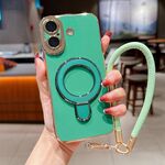 Per iPhone 16 Plus Charm Eye Custodia per telefono con supporto in metallo galvanico con cordino (verde)