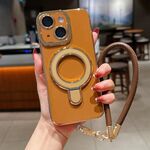 Per iPhone 13 Charm Eye Custodia per telefono con supporto in metallo galvanico con cordino (marrone)