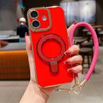 Per iPhone 12 Charm Eye Custodia per telefono con supporto in metallo galvanico con cordino (rosso)
