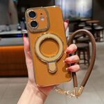 Per iPhone 12 Charm Eye Custodia per telefono con supporto in metallo galvanico con cordino (marrone)