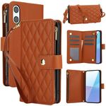 Per Sony Xperia 10 VI YM016 Rhombic Zipper Card Wallet Custodia in pelle per telefono con cordino (marrone)