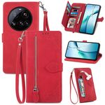 Per Xiaomi 15 Ultra Custodia in pelle con cerniera e motivo floreale in rilievo (rosso)