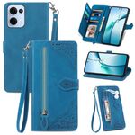 Per OPPO Reno13 Custodia in pelle con cerniera e motivo floreale in rilievo (blu)