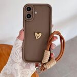 Per iPhone 16 Custodia per telefono in TPU 3D Love tinta unita con cordino (marrone)