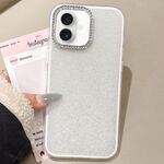 Per iPhone 16 Custodia per telefono con copertura totale glitterata con cornice per fotocamera in strass incorporati (bianca)