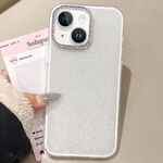 Per iPhone 13 Custodia per telefono con copertura totale glitterata con cornice per fotocamera in strass incorporati (bianca)