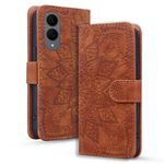Per Samsung Galaxy S25 Edge 5G Custodia per telefono in pelle di vitello con stampa mandala a doppia piega (marrone)