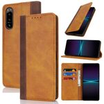 Per Sony Xperia 5 IV Custodia per telefono in pelle con cuciture colorate e texture di vitello (giallo marrone)