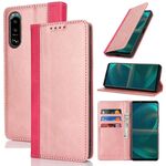 Per Sony Xperia 5 III Custodia per telefono in pelle con cuciture colorate e texture di vitello (oro rosa rosso)