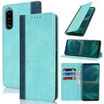 Per Sony Xperia 5 III Custodia per telefono in pelle con cuciture colorate e texture di vitello (blu chiaro blu scuro)