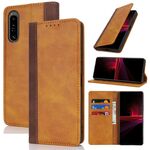 Per Sony Xperia 1 III Custodia per telefono in pelle con cuciture colorate e texture di vitello (giallo marrone)