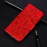 Per iPhone 11 Custodia in pelle a ribalta orizzontale con motivo a goffratura mandala, con supporto e slot per carte e portafoglio e cornice per foto e cordino (rosso)