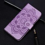 Per iPhone 11 Custodia in pelle con motivo a rilievo mandala in rilievo orizzontale, con supporto e slot per carte e portafoglio e cornice per foto e cordino (viola)