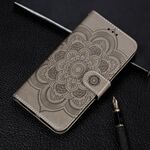 Per iPhone 11 Custodia in pelle a ribalta orizzontale con motivo a goffratura mandala, con supporto e fessure per carte e portafoglio e cornice per foto e cordino (grigio)