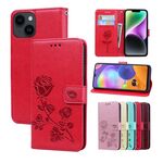 Custodia per cellulare in pelle PU con stampa rosa in rilievo per iPhone 15 Plus (rossa)