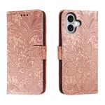 Custodia per telefono in pelle con vibrazione in rilievo con fiori in pizzo per iPhone 16 (oro rosa)