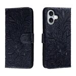 Custodia per cellulare in pelle con vibrazione in rilievo con fiori in pizzo per iPhone 16 (blu scuro)