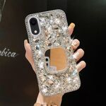 Per iPhone XR Custodia per telefono con strass bling fatta a mano per PC (quadrato grigio argento)