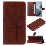 Per Xiaomi 14T Custodia in pelle con motivo in rilievo albero e gatto (caffè)