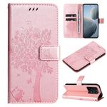 Per Xiaomi 14T Custodia in pelle con motivo in rilievo a forma di albero e gatto (oro rosa)
