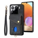 Custodia pieghevole in pelle con cinturino per Xiaomi 15 Pro Retro Card Wallet (nera)