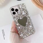 Per iPhone 16 Pro Max Custodia per telefono in PC con strass scintillanti fatti a mano e specchio (amore grigio argento)