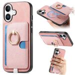 Custodia per iPhone 16 Plus con inserto laterale in pelle con anello a croce retrò e tasca porta carte MagSafe (rosa)