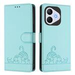 Custodia in pelle con motivo in rilievo a forma di gatto e topo per Honor 400 Lite, con protezione RFID e cordino (verde menta)