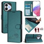 Custodia in pelle con motivo in rilievo a forma di gatto e topo per Honor 400 Lite, con protezione RFID e cordino (verde pavone)