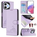 Custodia in pelle con motivo in rilievo a forma di gatto e ratto per Honor 400 Lite, con protezione RFID e cordino (viola)