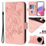 Custodia antifurto in pelle RFID con motivo a rose in rilievo per Xiaomi 15 Ultra (rosa)
