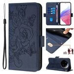 Custodia antifurto in pelle RFID con motivo a rose in rilievo per Xiaomi 15 Ultra (blu scuro)