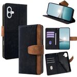 Per iPhone 16 Plus Custodia per telefono con blocco RFID in pelle con cuciture colorate (nero)