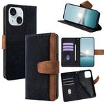 Per iPhone 14 Plus Custodia per telefono con blocco RFID in pelle con cuciture colorate (nero)