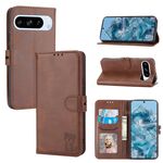 Per Google Pixel 10/10 Pro Custodia in pelle con motivo a gatto felice in rilievo (marrone)
