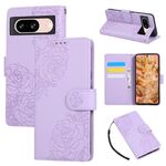 Custodia in pelle con 3 slot per carte di credito e motivo a fiori di rosa per Google Pixel 8 (viola)