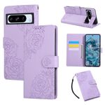 Custodia in pelle con 3 slot per carte di credito e motivo a fiori di rosa per Google Pixel 8 Pro (viola)