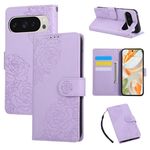 Per Google Pixel 9 / 9 Pro Custodia in pelle con 3 slot per carte e motivo a fiori di rosa (viola)