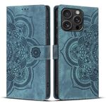 Per iPhone 16 Pro Max Custodia per telefono in pelle smerigliata retrò con motivo mandala in rilievo (blu)