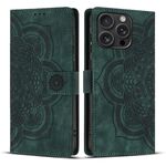 Per iPhone 16 Pro Max Custodia per telefono in pelle smerigliata retrò con motivo mandala in rilievo (verde)
