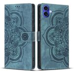 Per iPhone 16 Plus Custodia per telefono in pelle smerigliata retrò con motivo mandala in rilievo (blu)