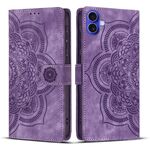 Per iPhone 16 Custodia per telefono in pelle smerigliata retrò con motivo mandala in rilievo (viola)
