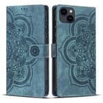 Per iPhone 14 Plus Custodia per telefono in pelle smerigliata retrò con motivo mandala in rilievo (blu)