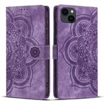 Per iPhone 14 Plus Custodia per telefono in pelle smerigliata retrò con stampa mandala (viola)